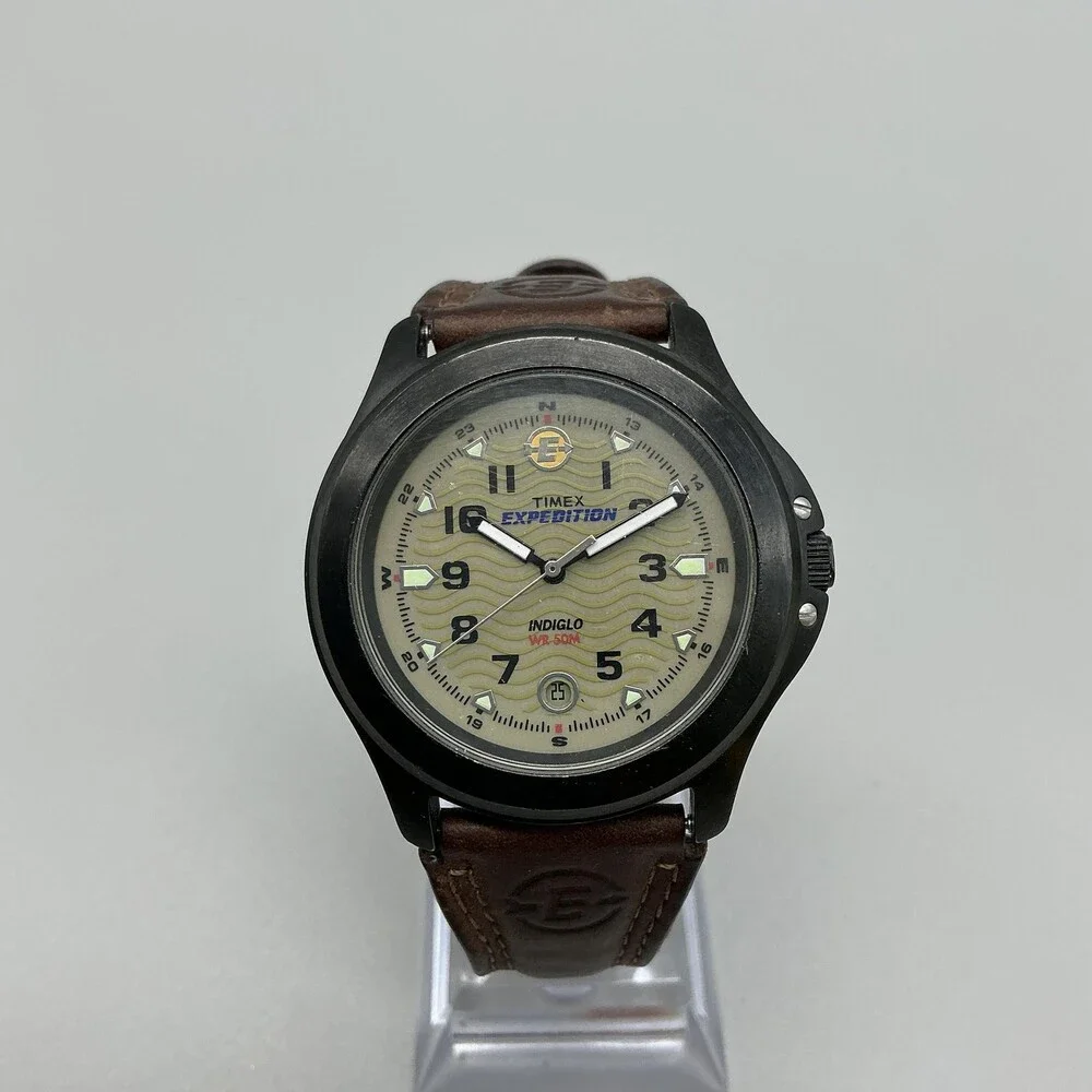 Timex Expedition Indiglo Mens Watch 40mm Beige Dial Date Leather New Battery